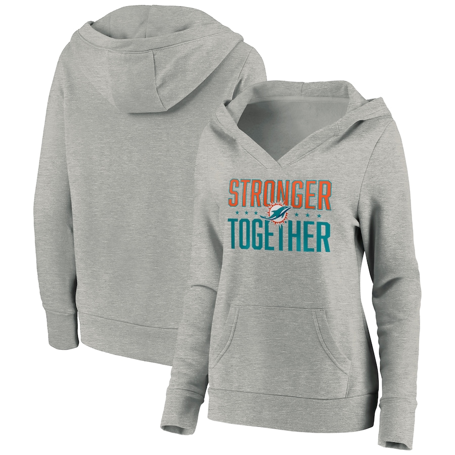 Women's Miami Dolphins Heather Gray Stronger Together Crossover Neck Pullover Hoodie(Run Small)